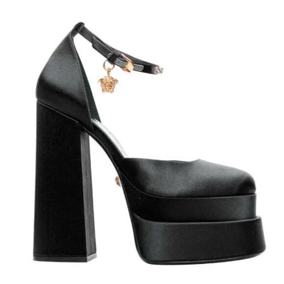 Versace Aevitas Medusa Satin Leather Crystal Charm Double Platform Sandals Sz 37 - Picture 6 of 16